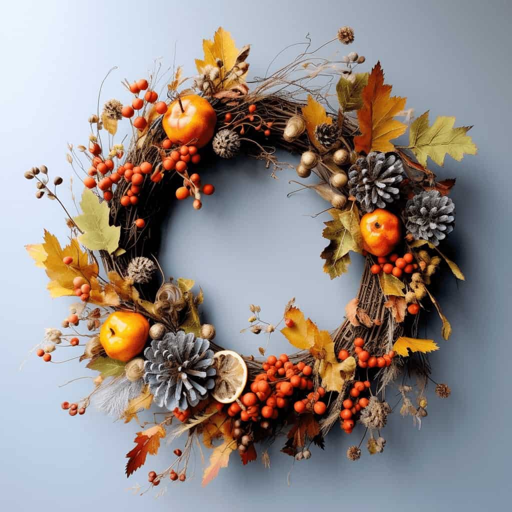 Kolorowy jesienny wianek z jarzębiną, gałęziami, liśćmi, szyszkami i owocami na niebieskim tle, idealny do dekoracji sezonowej, na drzwi lub ścianę, inspirowany naturą.