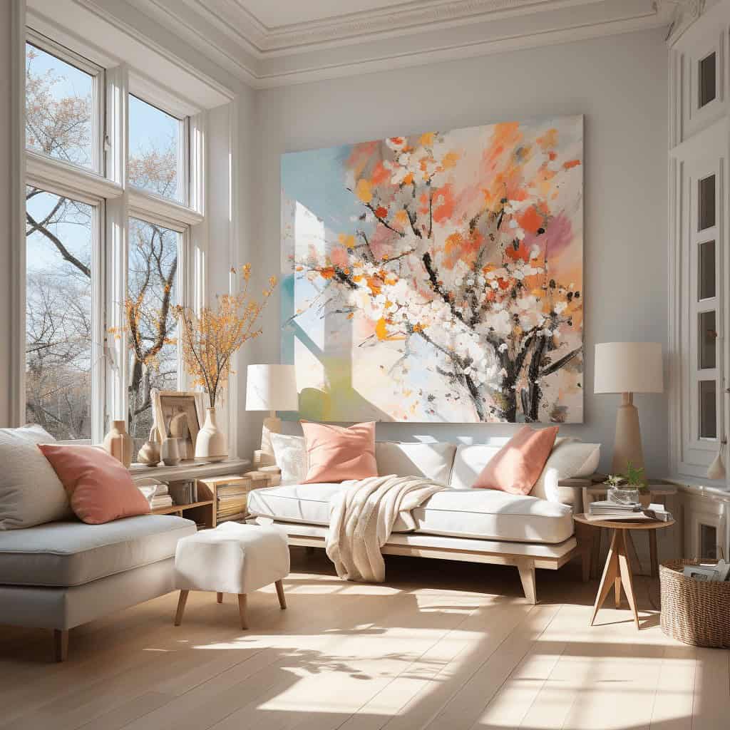 Przytulny salon z dużymi oknami, jasne kolory, stylowe dekoracje i nowoczesny obraz na ścianie, naturalne światło, relaksująca atmosfera, idealne miejsce do wypoczynku i spotkań rodzinnych.