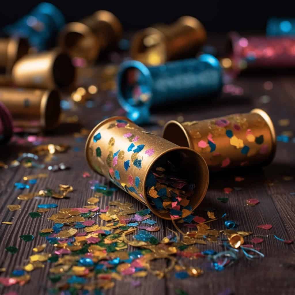 Kolorowe konfetti i pęknięte balony na podłodze, idealne do świętowania i celebracji. Ciesz się wyjątkową atmosferą z szerokim wyborem dekoracji i akcesoriów na specjalne okazje od PaniDyrektor.pl.