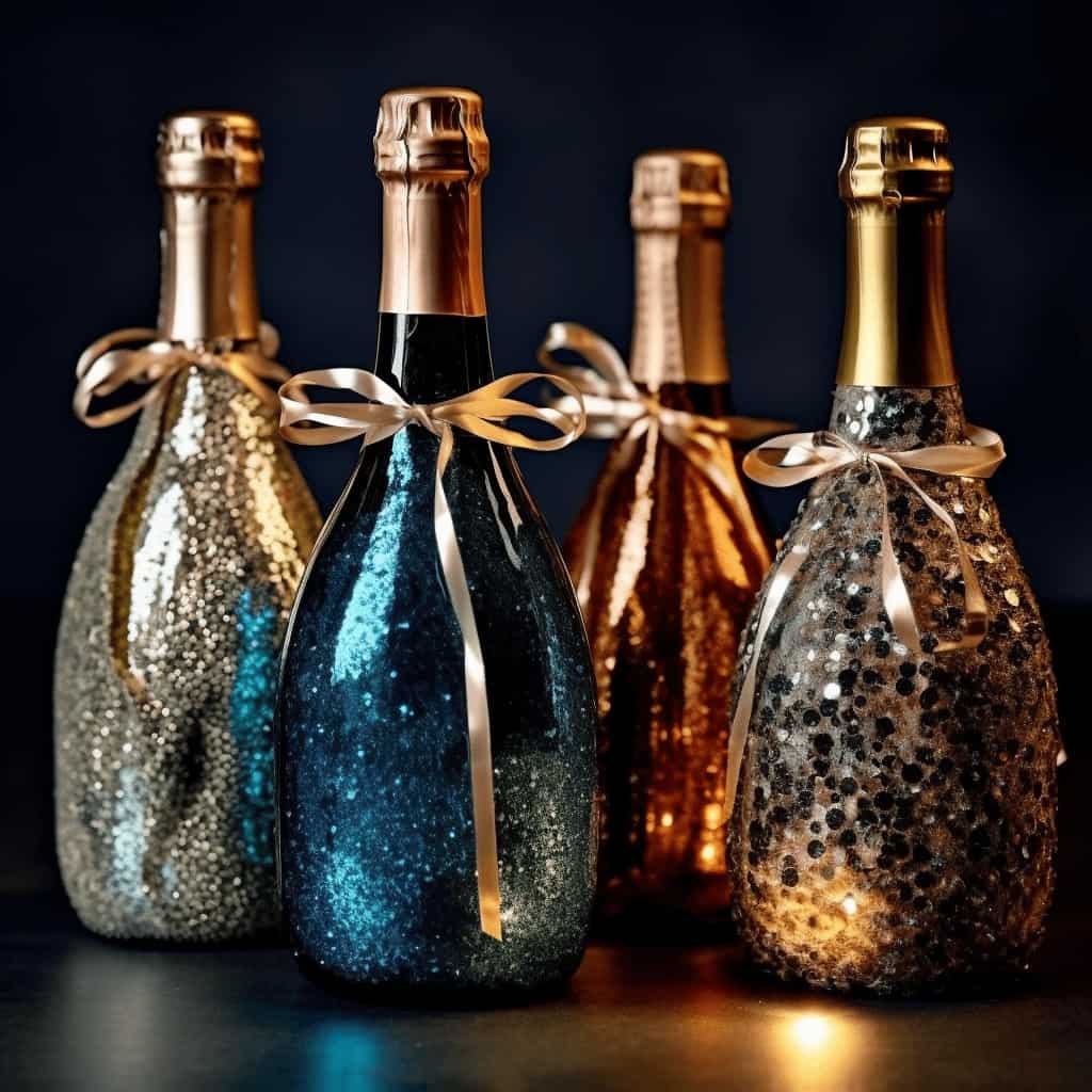Butelki szampana ozdobione brokatem i kokardkami na czarnym tle, eleganckie opakowania na specjalne okazje, luksusowe dekoracje, wystrój na sylwestra i uroczystości, prezent dla bliskiej osoby.
