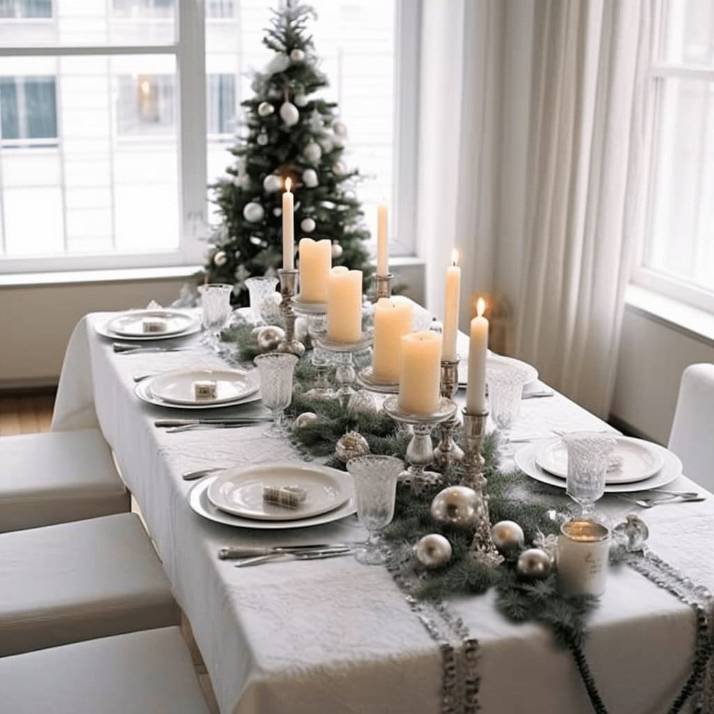 Elegancko udekorowany stół świąteczny z świecami i ozdobami, w tle choinka, idealny na rodzinne przyjęcia i święta Christmas.