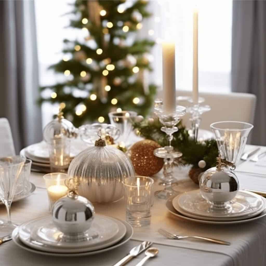 Ozdobiona świąteczna dekoracja stołu z eleganckimi bombkami, świecami i choinką w tle, idealne na Boże Narodzenie, wystrój wnętrz na święta, blask i ciepło świątecznej atmosfery.