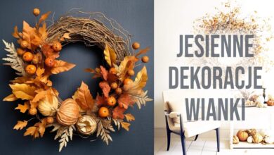 Różnorodna jesienna dekoracja na wieńcu z naturalnych materiałów w ciepłych odcieniach pomarańczowego i brązowego, idealna na sezon jesienny, podkreśla klimat i atmosferę wnętrz.
