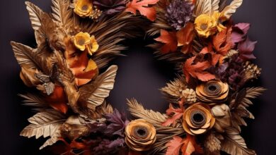 Golden autumn wreath with dried flowers, leaves and feathers, seasonal fall decoration for home or events, autumn floral arrangement DIY, rustic autumn decor.