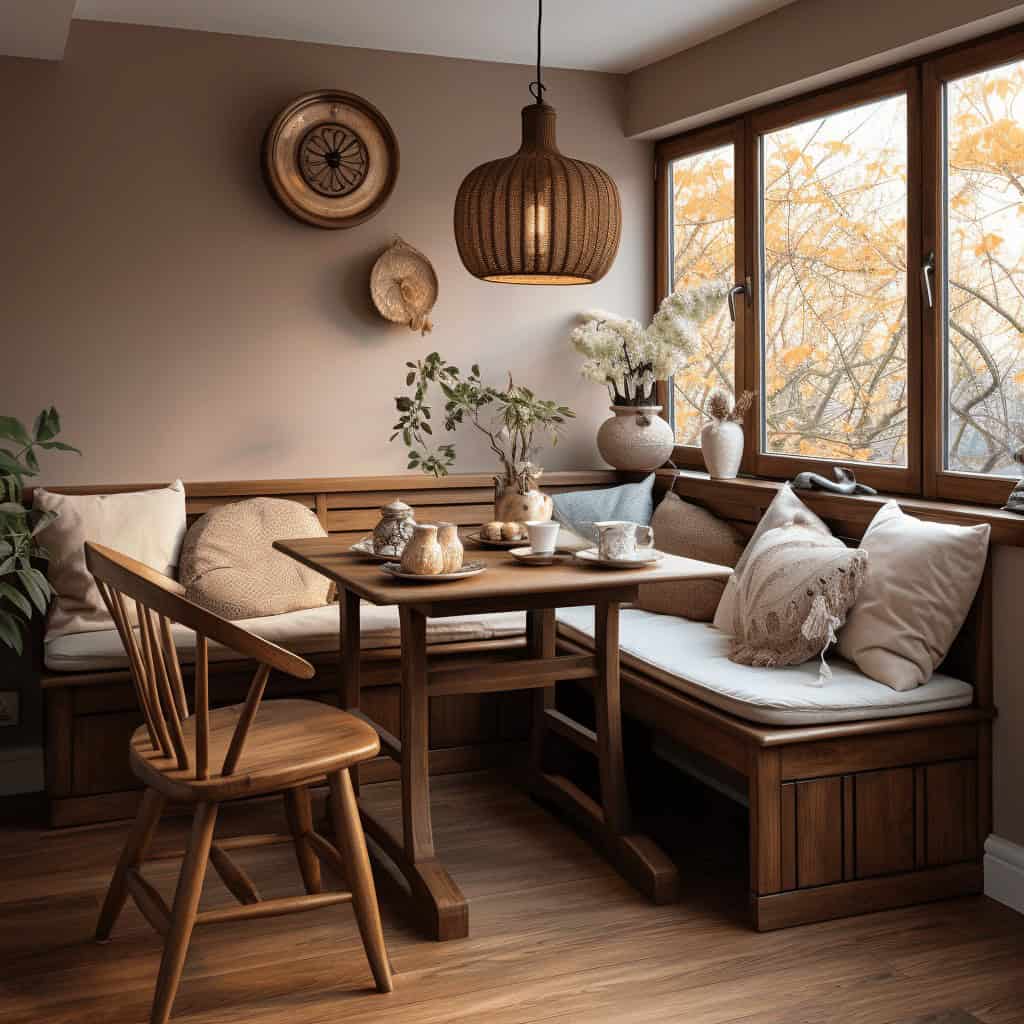 Naturalne oświetlenie wnętrza kuchni z dużym oknem i drewnianymi elementami, dekoracje w stylu skandynawskim, rośliny i naczynia ceramiczne, ciepła i przytulna atmosfera, idealne do relaksu i spotkań.