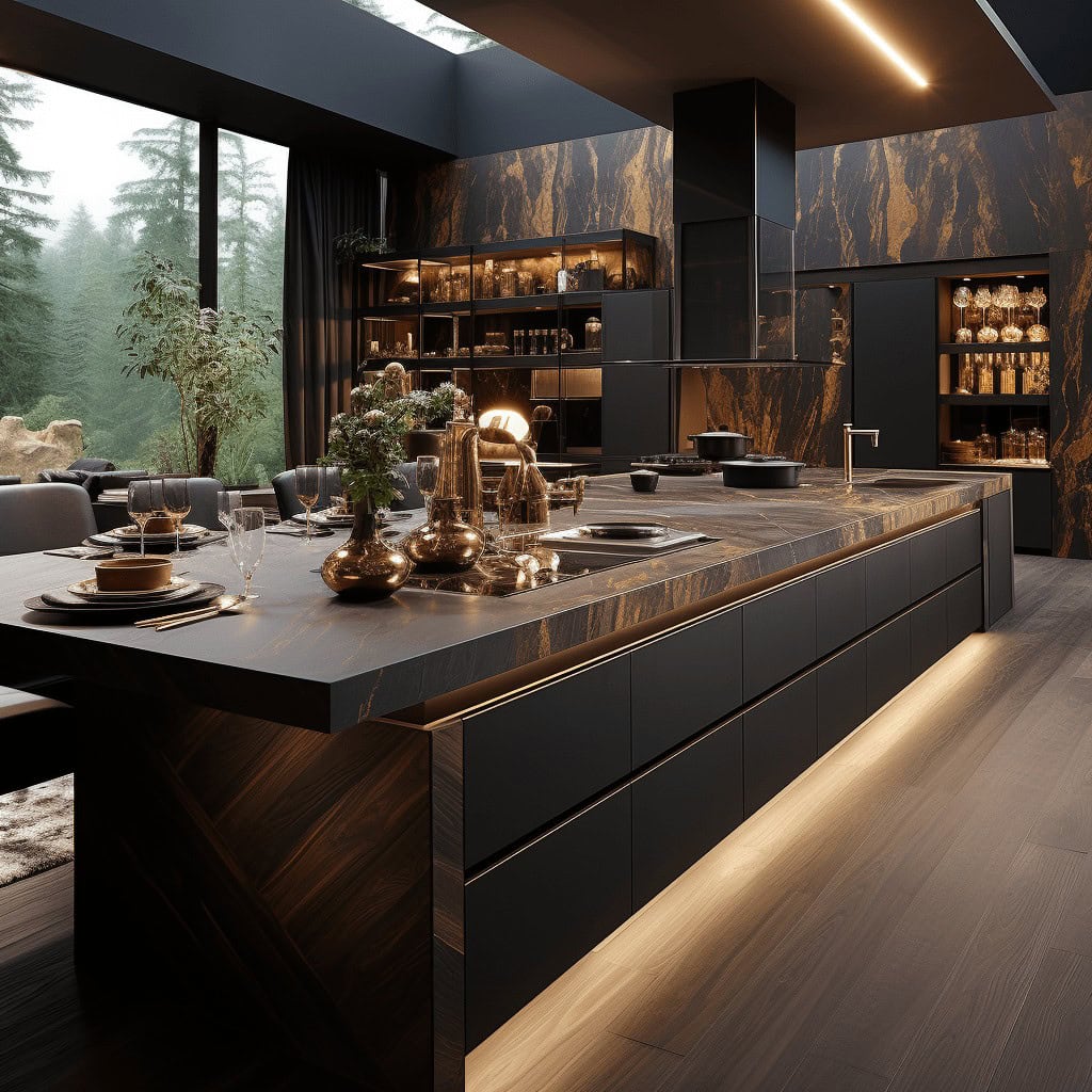 Nowoczesna kuchnia z czarnymi szafkami i marmurowym blatem, elegancki design, luksusowe dekoracje, stylowe wnętrze, inspiracje dla projektowania wnętrz, wysokiej jakości aranżacja kuchni optima.