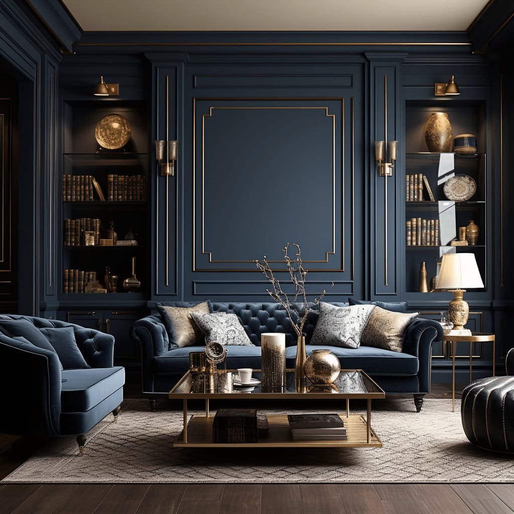 Nowoczesny luksusowy salon w głębokim odcieniu granatu z eleganckimi meblami i stylowymi dodatkami, idealny do aranżacji wnętrz premium i inspiracji dla projektów optymalnych.