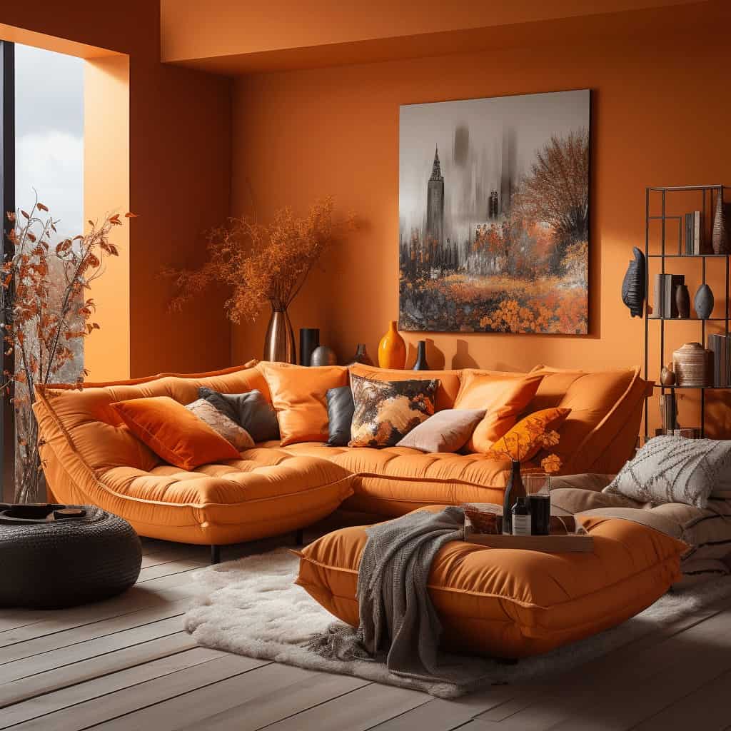 Nowy elegancki salon z pomarańczową sofą, stylowym wystrojem i ciepłym oświetleniem, idealny do relaksu i spotkań rodzinnych, w nowoczesnym wnętrzu z dekoracjami w tonacji ciepłych odcieni.