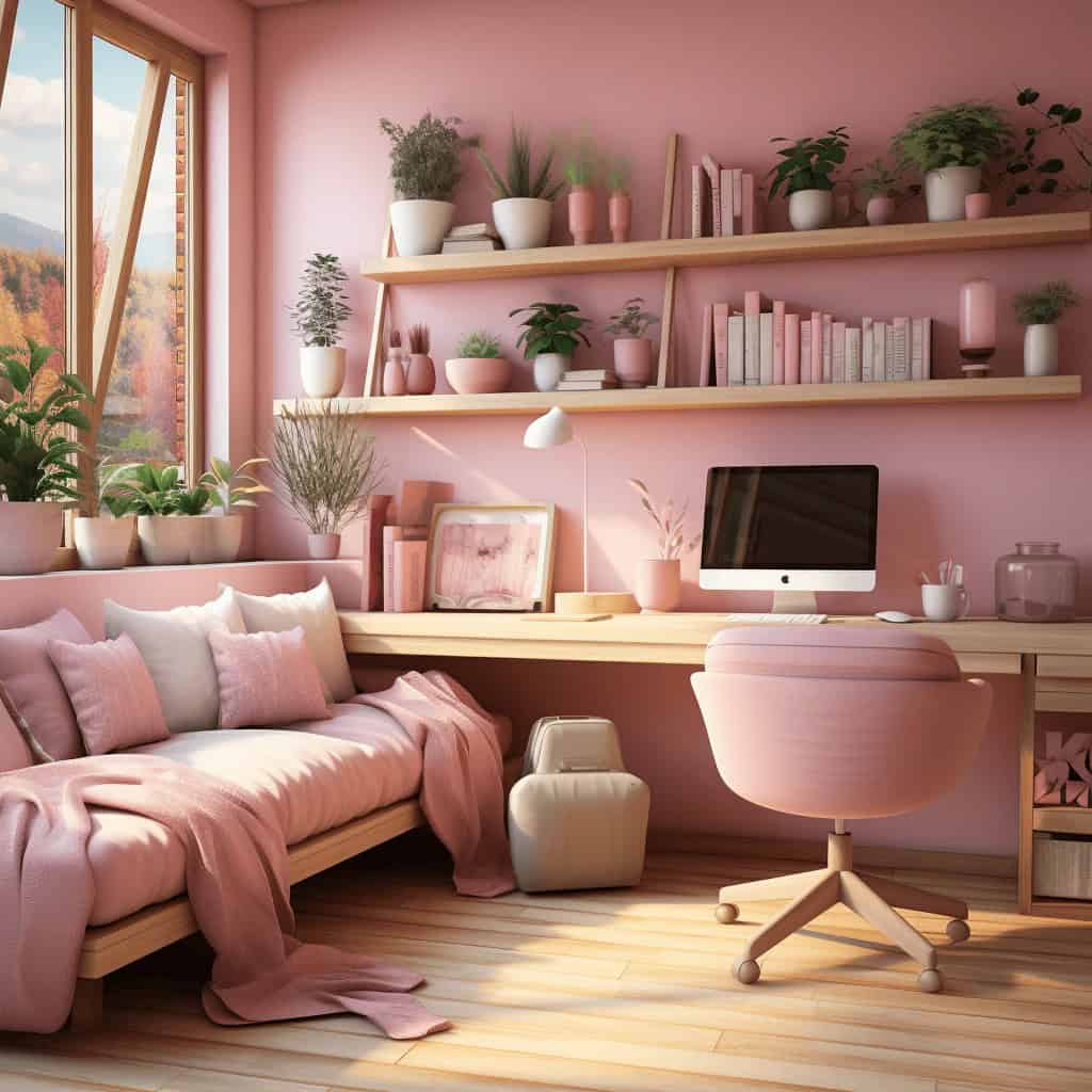 Różowy pokój biurowy z naturalnym drewnem, biurko z komputerem i roślinami, przytulna sofa z poduszkami, idealny do pracy i odpoczynku, nowoczesny i stylowy wystrój, inspirująca przestrzeń do optymalizacji pracy, optymalne rozwiązania biurowe.