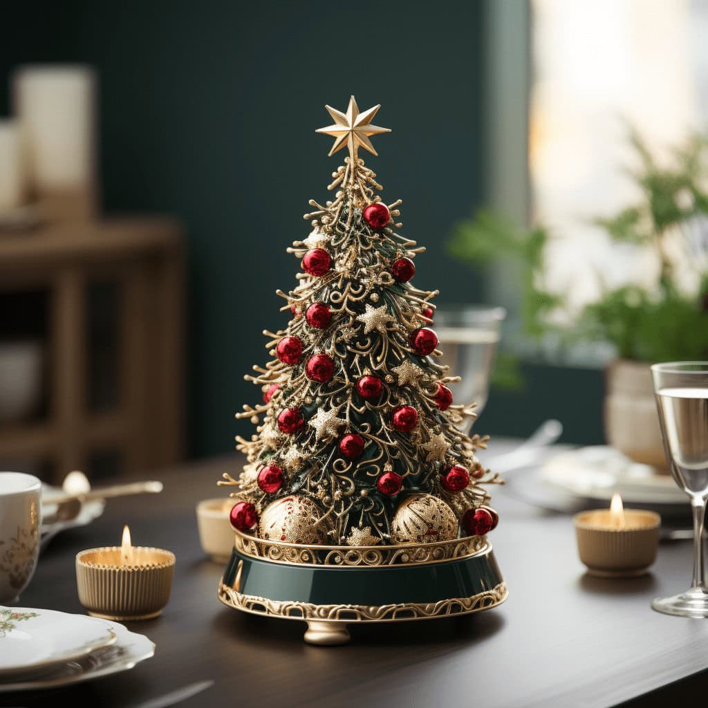 Elegancka mała choinka bożonarodzeniowa z czerwonymi bombkami i złotymi dekoracjami, na stole w stylowej aranżacji świątecznej.