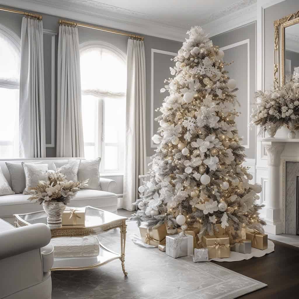 Drzewko bożonarodzeniowe udekorowane białymi ozdobami w eleganckim salonie, luksusowy wystrój wnętrz, Święta, świąteczna aranżacja, luksusowe dekoracje bożonarodzeniowe.