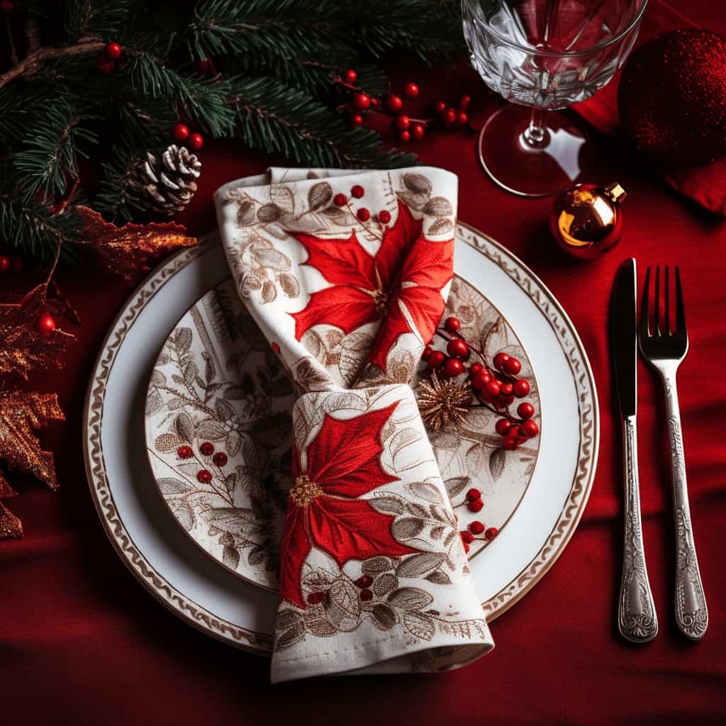 Życzenia świąteczne, dekoracje bożonarodzeniowe, elegancka zastawa stołowa, świąteczny stół, dekoracje zimowe z czerwonymi akcentami, choinka, ozdoby bożonarodzeniowe, świąteczne nakrycie stołu, ręcznie robione dekoracje świąteczne.