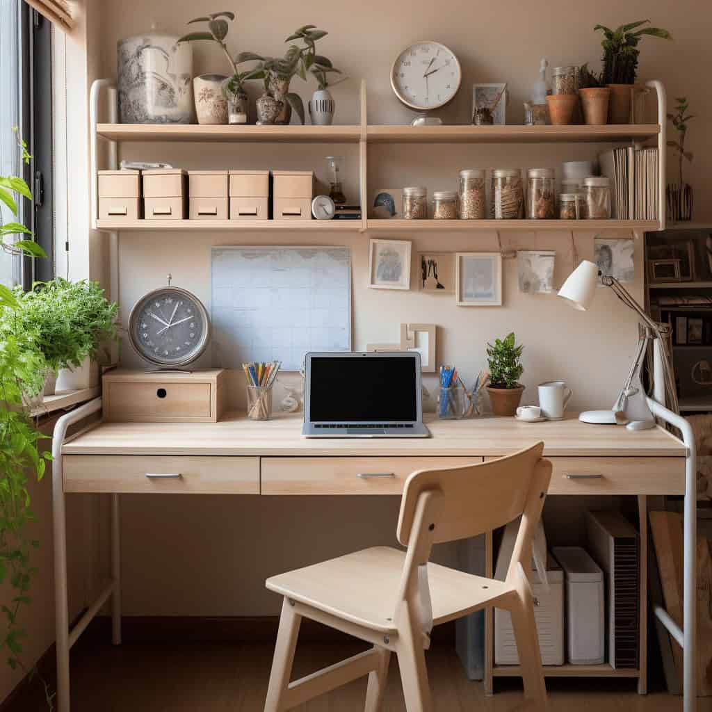 Naturalne biurko w domowym gabinecie z komputerem, roślinami i systemem półek na książki i dokumenty, idealne do efektywnej pracy i nauki w estetycznym, przytulnym otoczeniu.