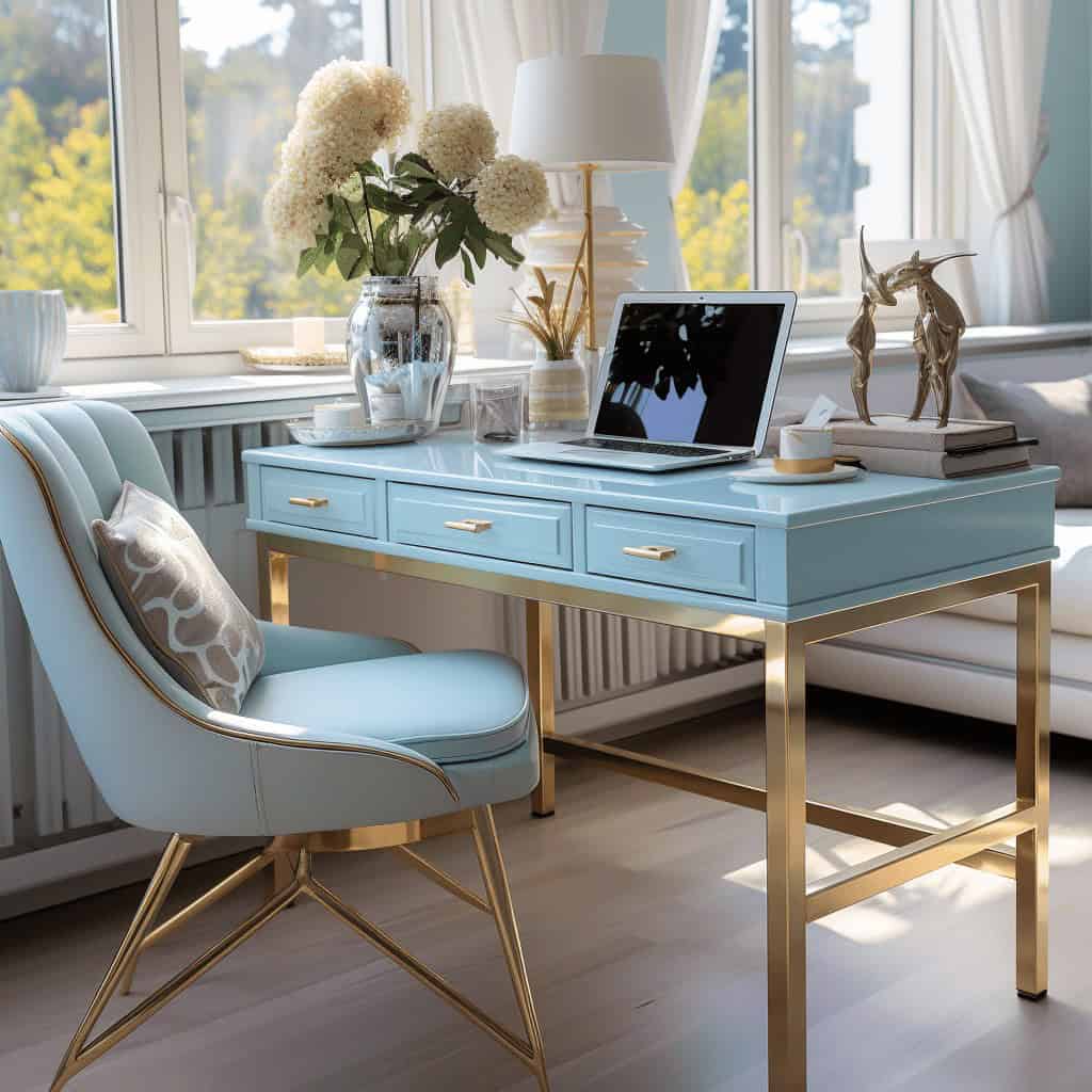 Stylowe biurko w pastelowym odcieniu błękitu z złotymi akcentami, idealne do domowego biura, z laptopem, ozdobami i kwiatami, zapewnia elegancką przestrzeń do pracy i organizacji.
