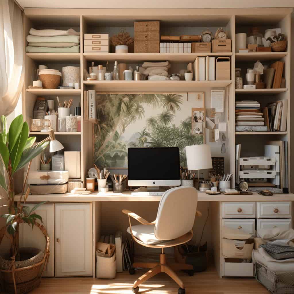 Biurko w domowym biurze z komputerem i dokumentami, zaokrąglone biurko z szufladami, otoczone półkami pełnymi książek, materiałów biurowych i dekoracji, stylowe i funkcjonalne miejsce pracy w domu ważne dla efektywności i organizacji pracy metabolic.