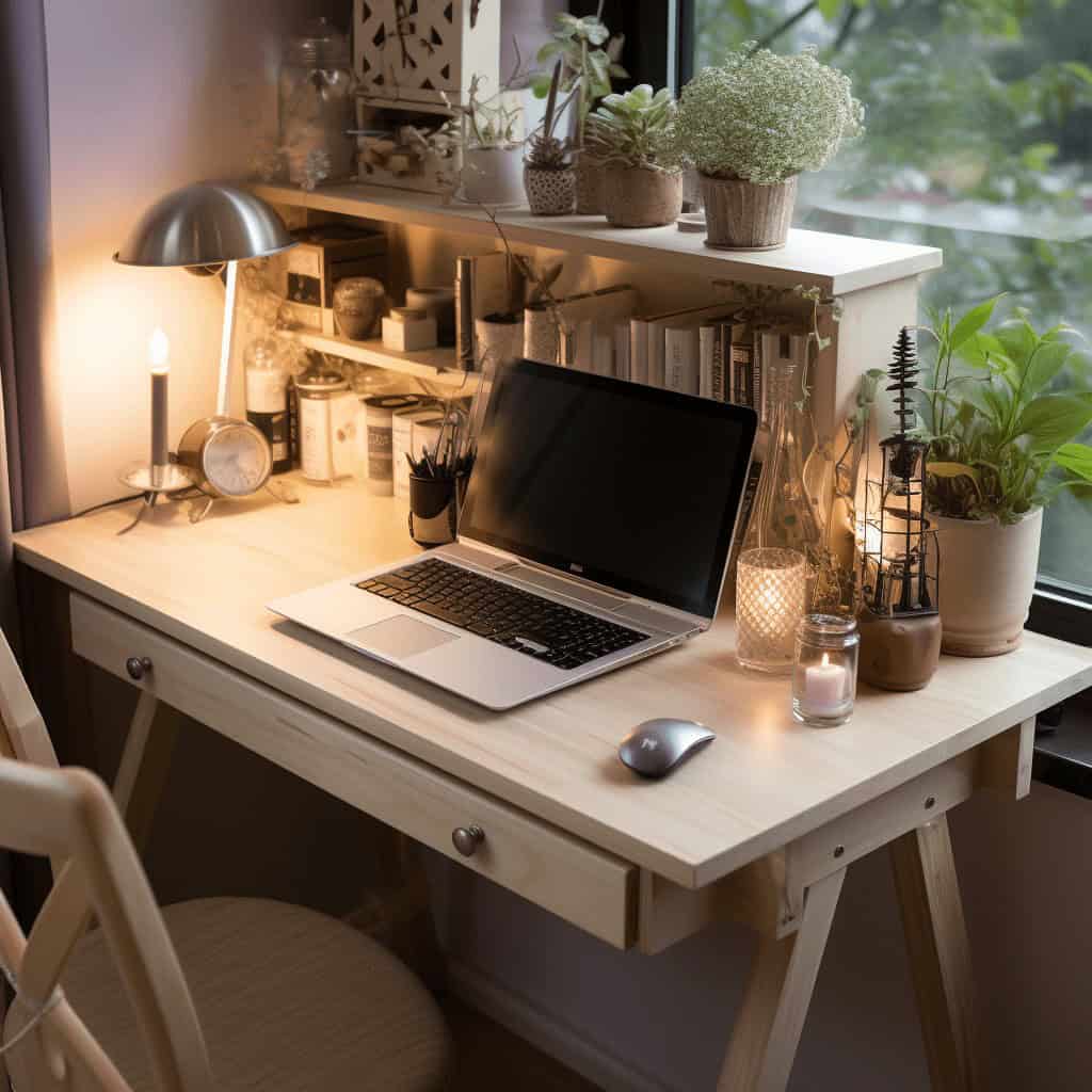Laptop na biurku w domowym gabinecie z roślinami i lampką, naturalne światło, spokojne miejsce do pracy.