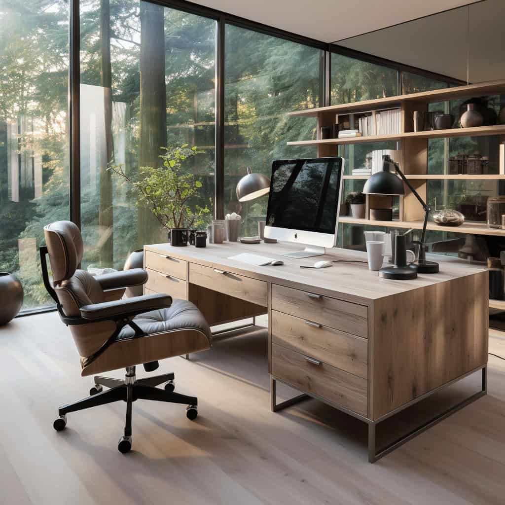 Plany do biura z dużymi oknami i widokiem na las, nowoczesny i minimalistyczny wystrój, biurko z komputerem i roślinami, idealne do pracy w domu lub biurze w stylu skandynawskim.