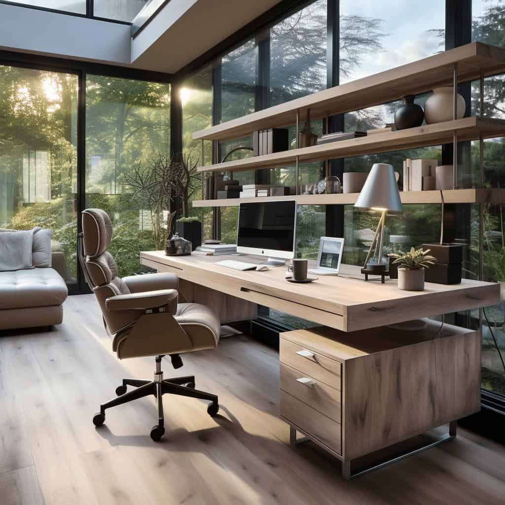 Nowe biuro z dużymi oknami, eleganckie meble drewniane, naturalne światło, stylowe miejsce do pracy, inspirujące otoczenie do efektywnej pracy.