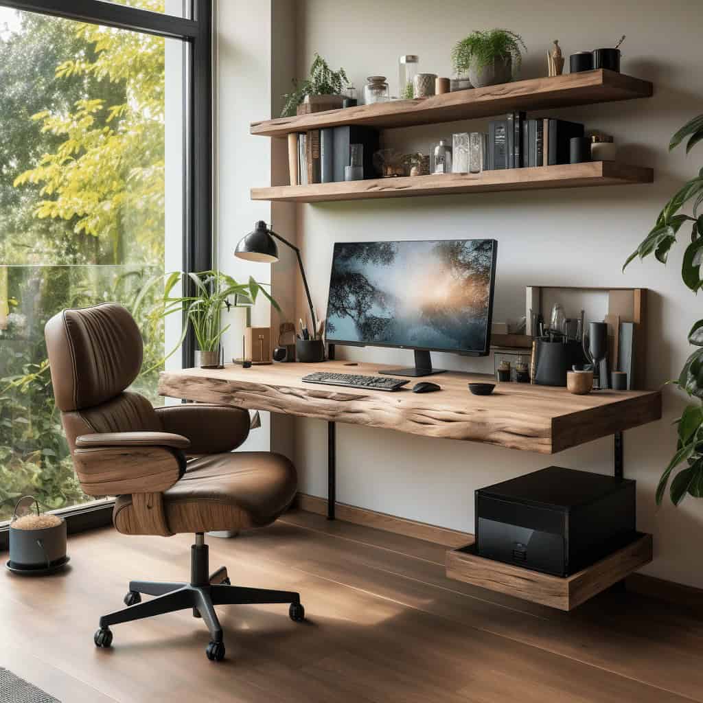 Nowoczesne biuro domowe z naturalnym drewnianym biurkiem i półkami, ergonomiczne krzesło, rośliny doniczkowe, monitor z scenicznym tłem, idealne do pracy zdalnej w stylu skandynawskim.