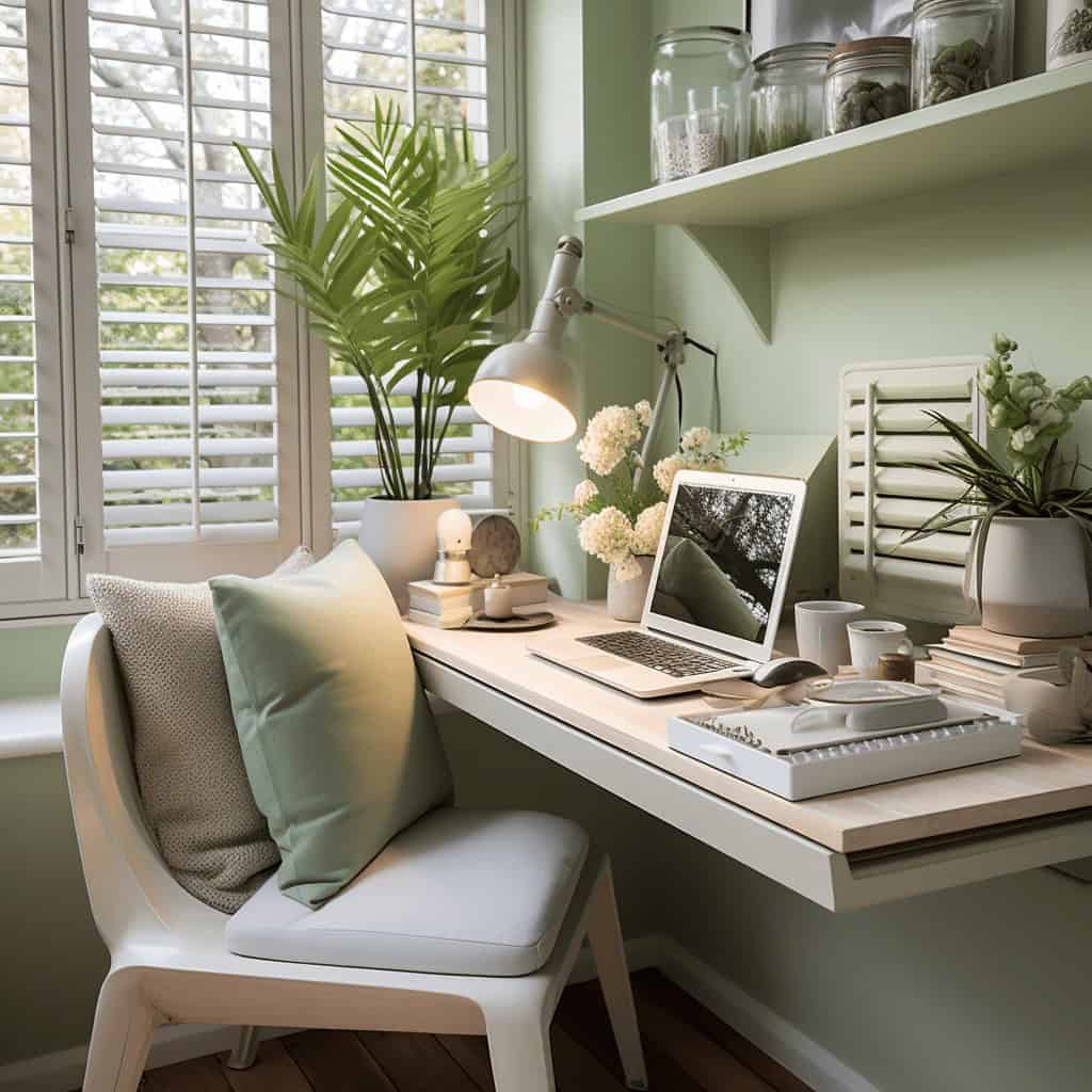 Naturalne oświetlenie w domowym biurze z zieloną ścianą, roślinami i laptopem, idealne do pracy w domu, zapewniające komfort i inspirującą atmosferę.