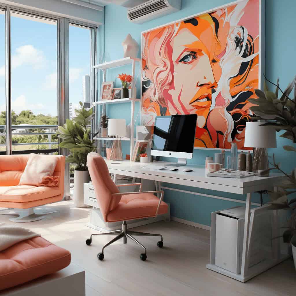 Nowa przestrzeń biurowa w stylu modern z artystycznym akcentem, pastelowe kolory i zielone rośliny dla sprzyjającej kreatywności i out-of-the-box myślenia.