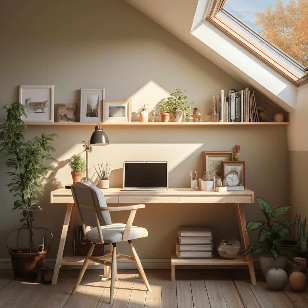 Przytulne biurko w nowoczesnym domowym biurze z naturalnym światłem, roślinami i biurkiem z komputerem, idealne do pracy w ciepłej atmosferze.