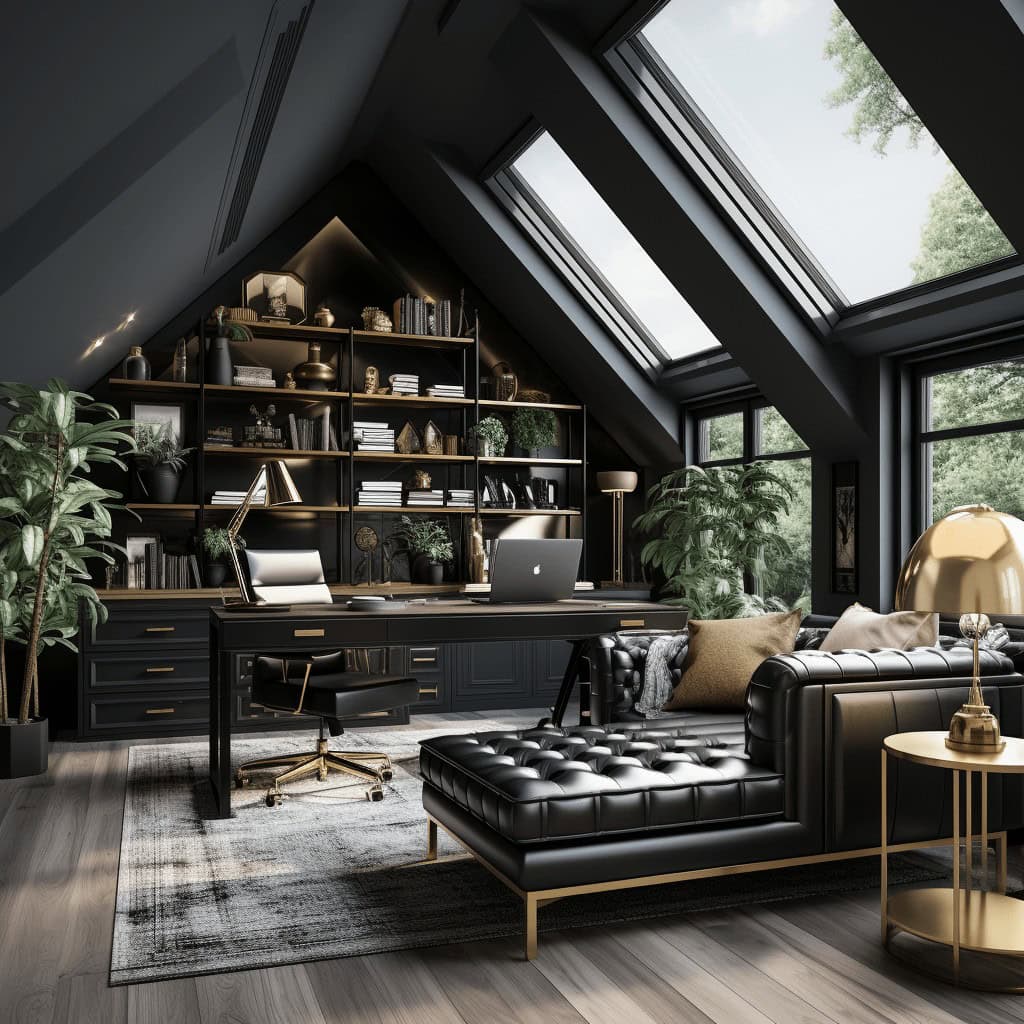 Nowoczesne eleganckie biuro w stylu loft z dużymi oknami i naturalnym światłem, czarne meble, rośliny i minimalistyczny design, idealne miejsce do pracy i spotkań biznesowych.