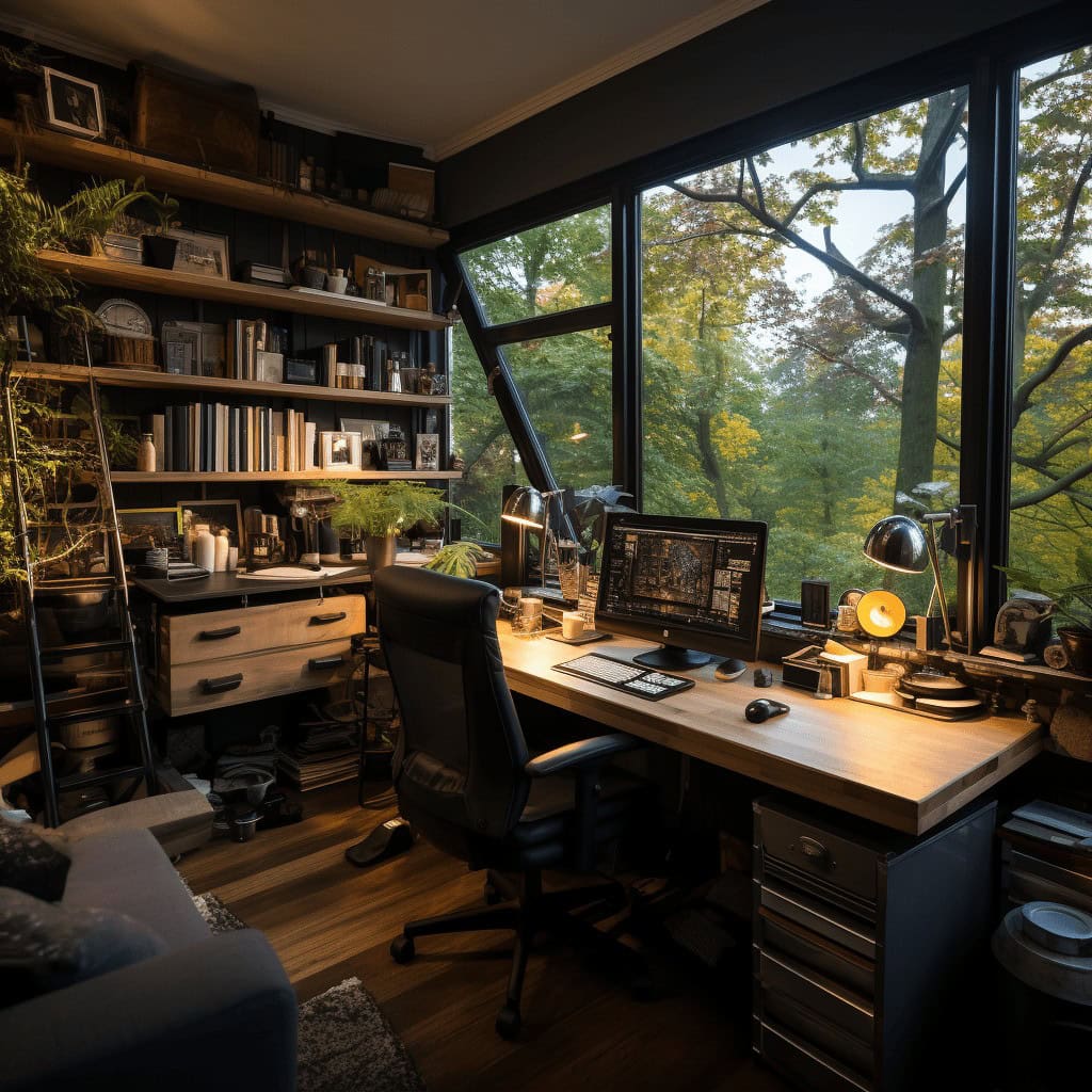 Biuro z dużym oknem z widokiem na zieleń, nowoczesny styl, eleganckie miejsce pracy, komputer na biurku, lampy biurkowe, półki z książkami i dekoracjami, idealne do pracy i relaksu, inspirujące środowisko freelancerskie.