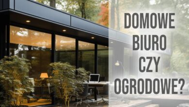 Domowe biuro czy ogrodowe, eleganckie biuro outdoor, nowoczesna przestrzeń online, aranżacja biura w ogrodzie, komfortowe miejsce do pracy na zewnątrz.