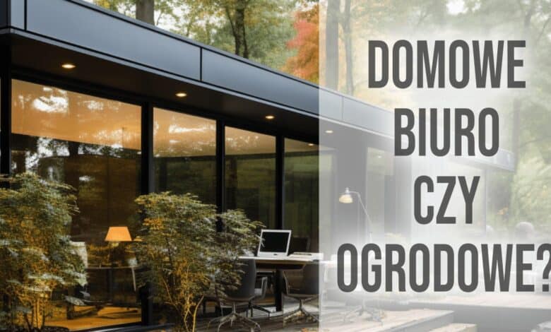 Domowe biuro czy ogrodowe, eleganckie biuro outdoor, nowoczesna przestrzeń online, aranżacja biura w ogrodzie, komfortowe miejsce do pracy na zewnątrz.