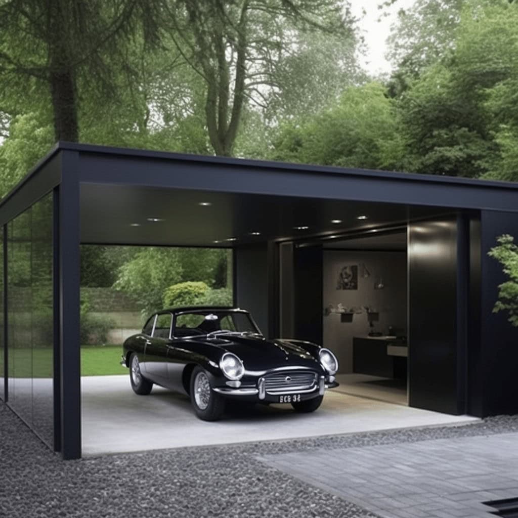 Nowa designerska garaż na samochody klasyczne w nowoczesnym stylu, czarny luksusowy klasik w otoczeniu zieleni. Idealne rozwiązanie dla pasjonatów motoryzacji i miłośników elegancji.
