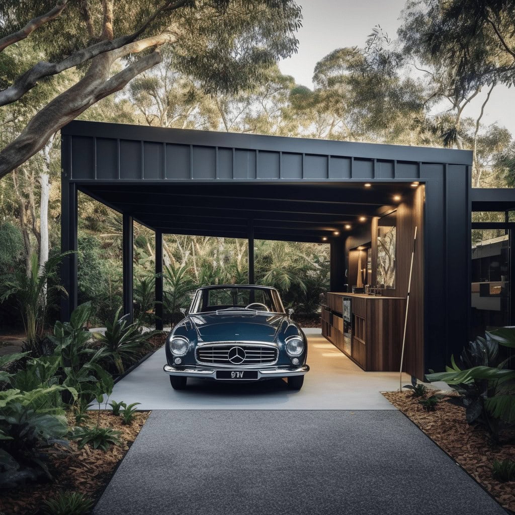 Mercedes-Benz klasy SL w nowoczesnym garażu na zewnątrz, otoczonym zielenią i drzewami, podkreślając luksusowe i stylowe aspekty designu, idealne dla pasjonatów motoryzacji i eleganckiego stylu życia.