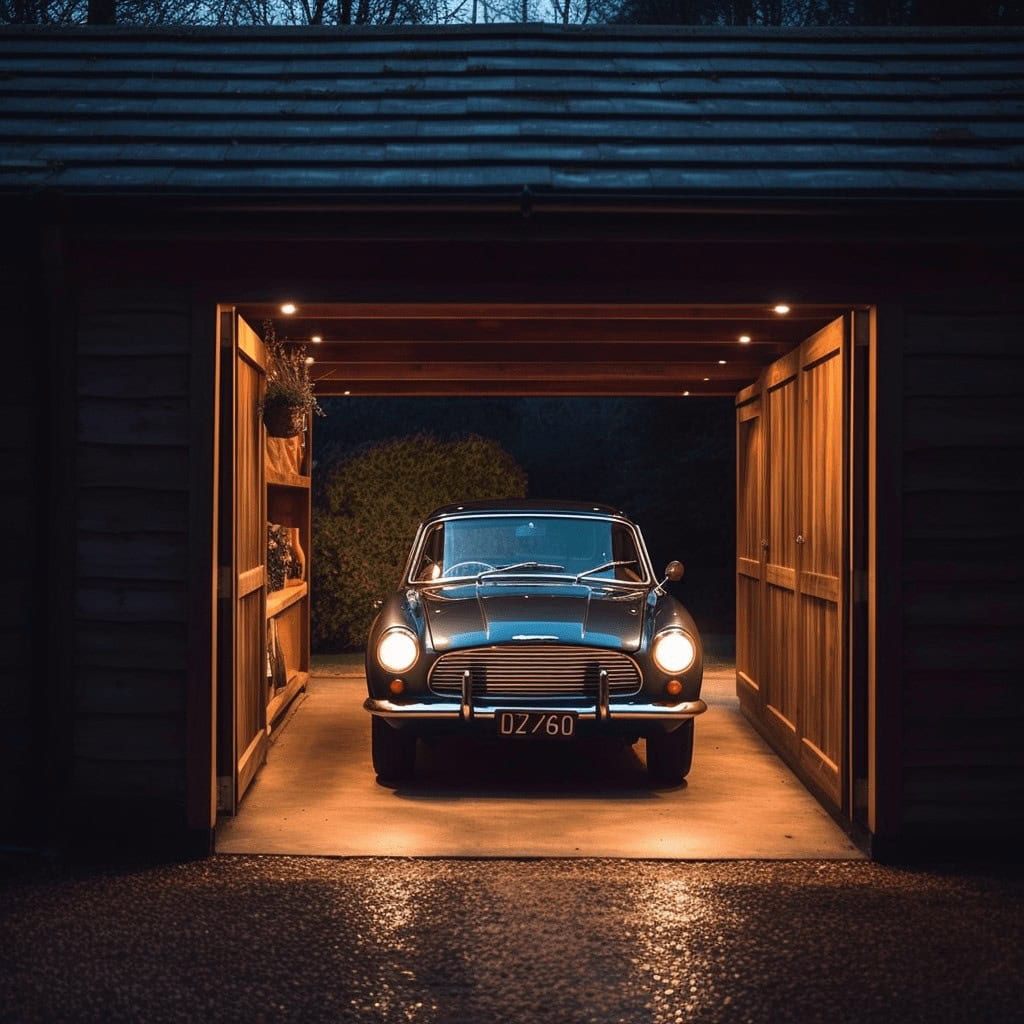 Nowoczesny klasyczny samochód w garażu, stylowa przestrzeń, elegancja i nostalgia w jednym, idealne dla miłośników motoryzacji i vintage, PaniDyrektor.pl.