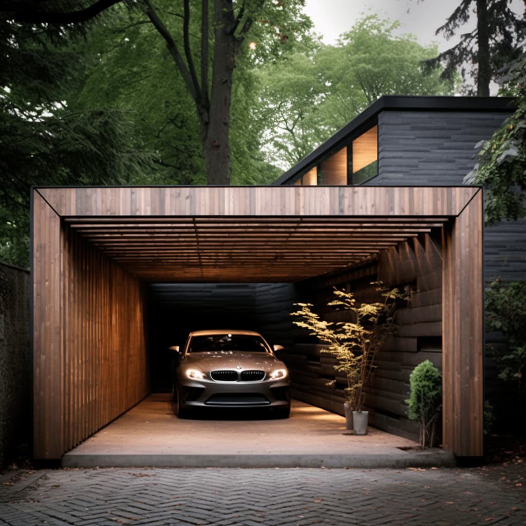 Nowoczesny garaż na samochód z drewnianą pergolą w otoczeniu zieleni, stylowe i funkcjonalne rozwiązanie dla właścicieli aut, idealne do ochrony pojazdu i podkreślenia architektury posesji.