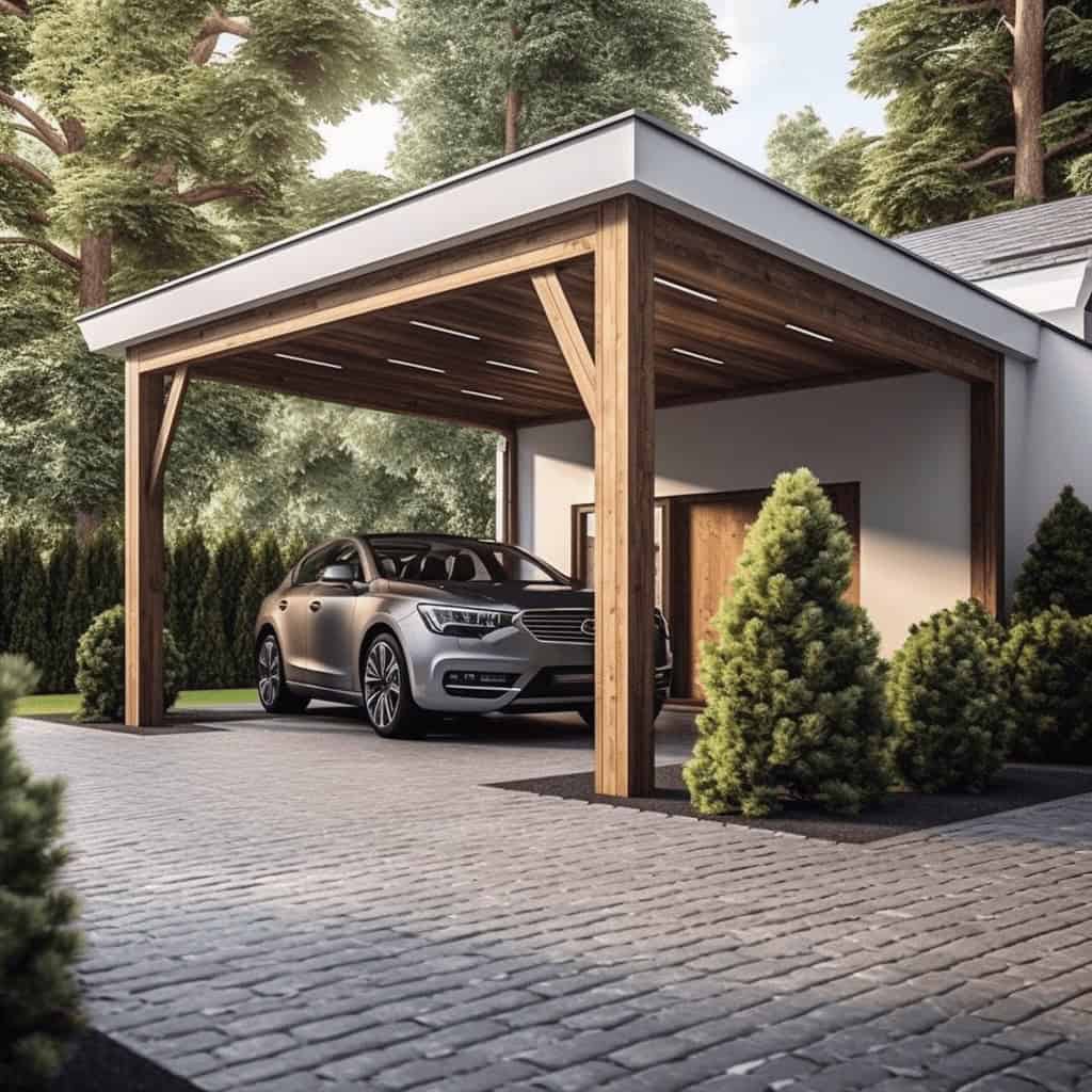 Nowoczesny drewniany wiatrochron na samochód przed domem, otoczony zielenią, idealny do ochrony auta w ogrodzie, estetyczna architektura, trwałe materiały, design dopasowany do przyrody.