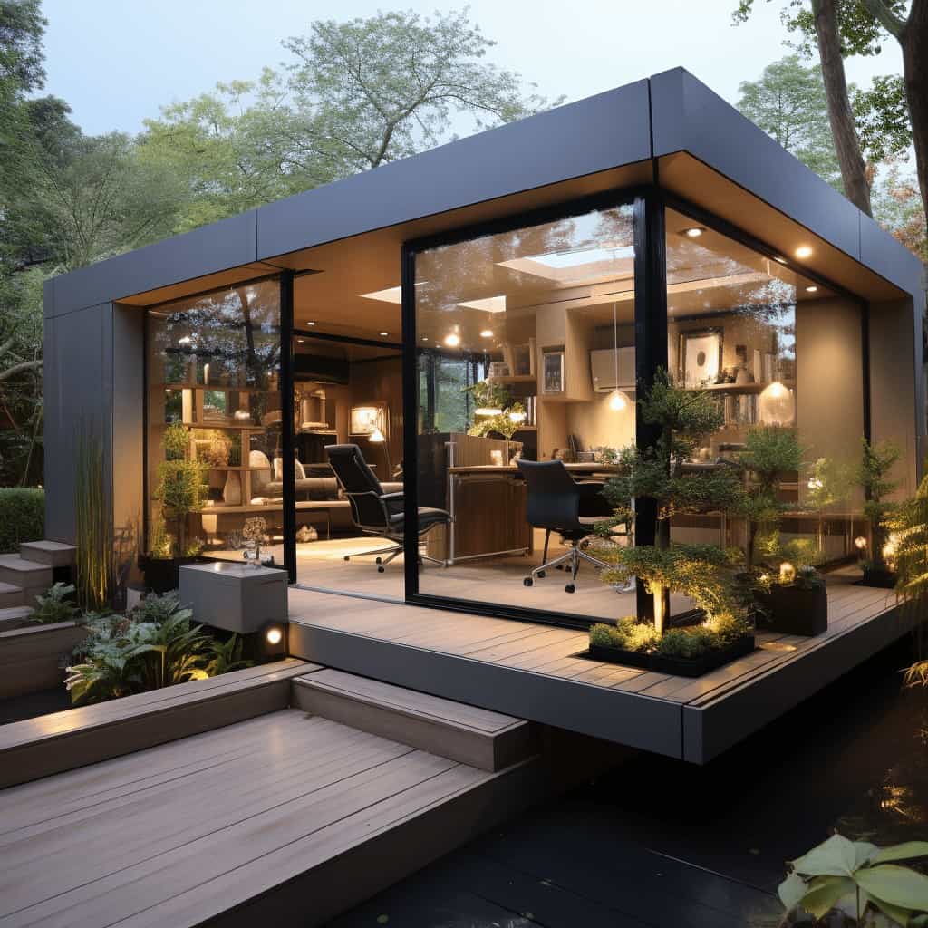 Elegancki nowoczesny dom z dużymi przeszklonymi ścianami, otoczony zielenią, oświetlony wieczorem, idealny dla innowacyjnych przestrzeni biurowych i domowych zgodnych z optymalnymi rozwiązaniami architektonicznymi.