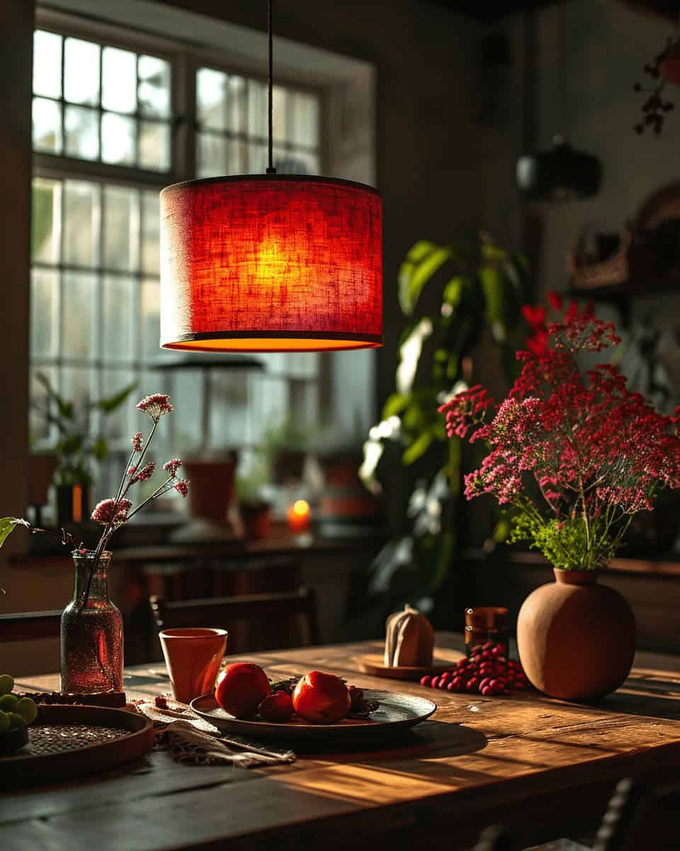 Lampka sufitowa czerwona, przytulny kącik jadalniany z kwiatami, ciemnym oświetleniem i rustykalnym stołem, elegancki wystrój wnętrza, nastrojowe oświetlenie idealne do relaksu i spotkań rodzinnych na stronie PaniDyrektor.pl.