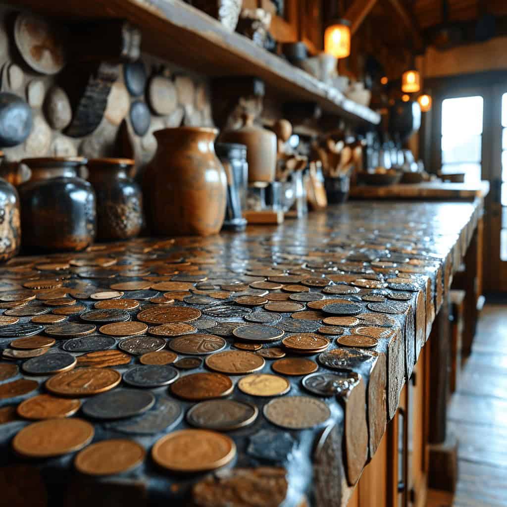 Kilka złotych i groszy na rustykalnym stole w stylu skandynawskim prezentuje się jako unikalna aranżacja do optymalizacji wizualnej.