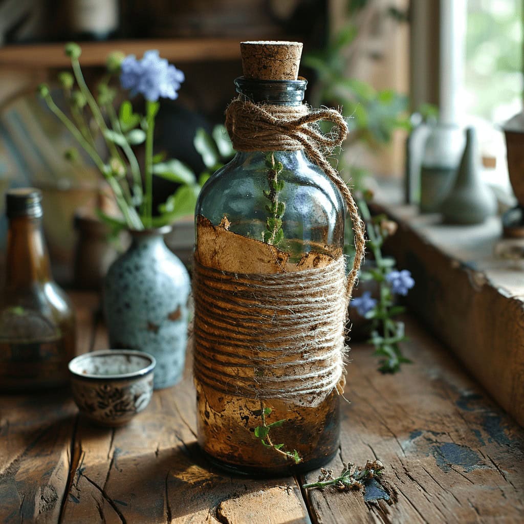 Stara butelka z twine, dekoracja z naturalnych materiałów, ekologiczne wnętrze, rustykalne dodatki, ekologiczne ozdoby do domu, inspiracje do aranżacji wnętrz, zrównoważony design, ręcznie robione dekoracje.