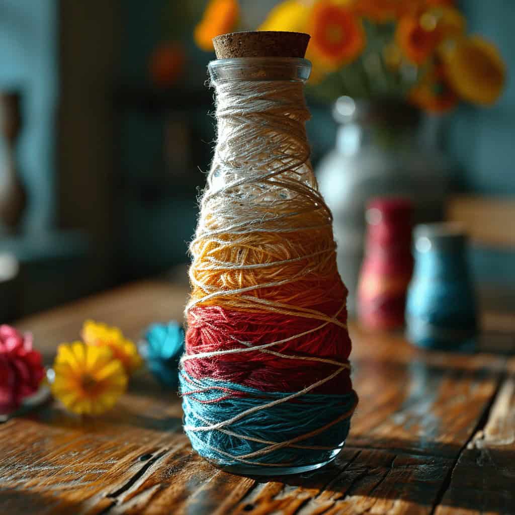 Kolorowa szklana butelka owinięta nicią, na drewnianym stole z dekoracyjnymi kwiatami w tle.