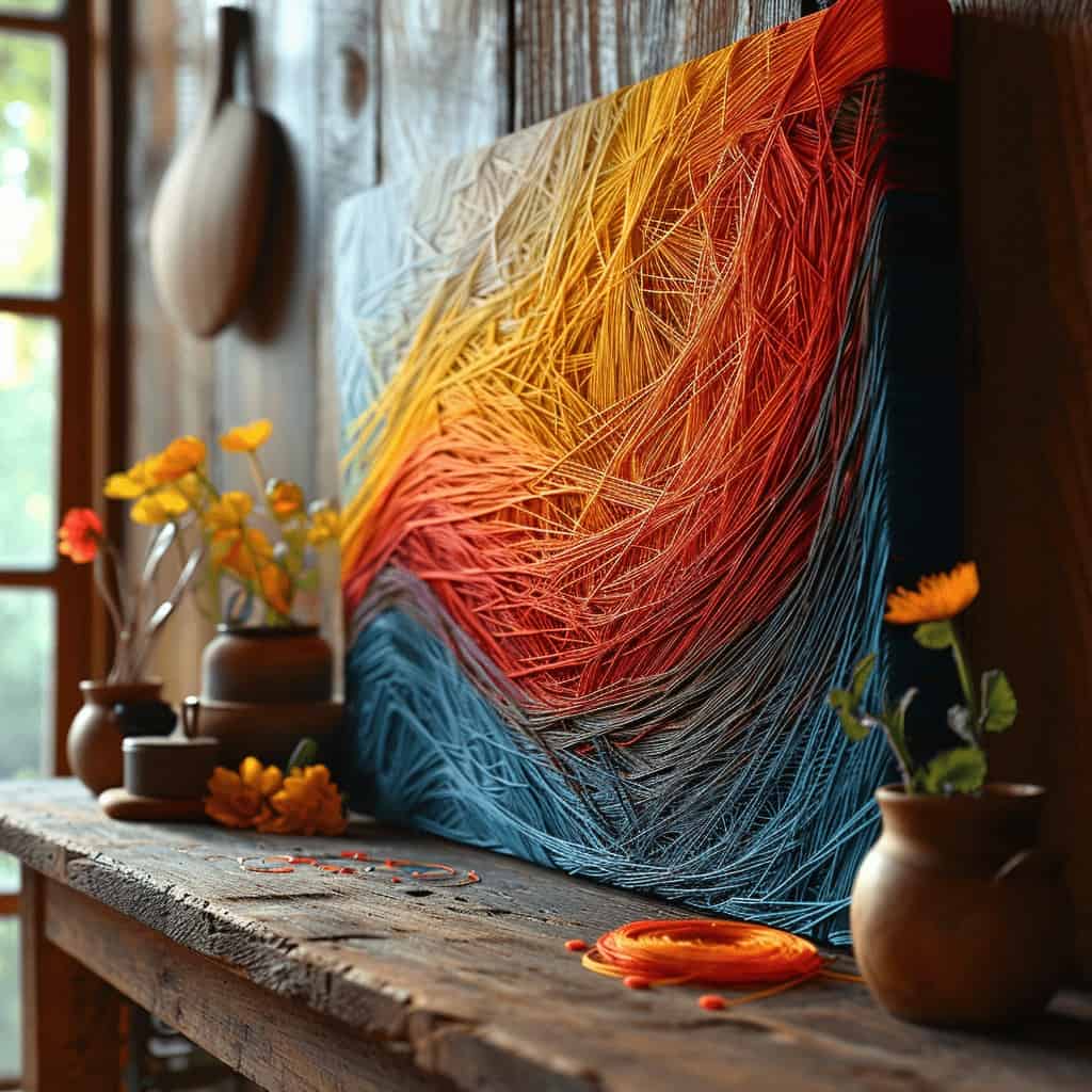 Kolorowe zdjęcie artystycznej instalacji z nitek na drewnianym tle, z kwiatami i ceramiką. Idealne dla projektów kreatywnych, artystycznych i działań promujących rozwój osobisty w optymalnym stylu.