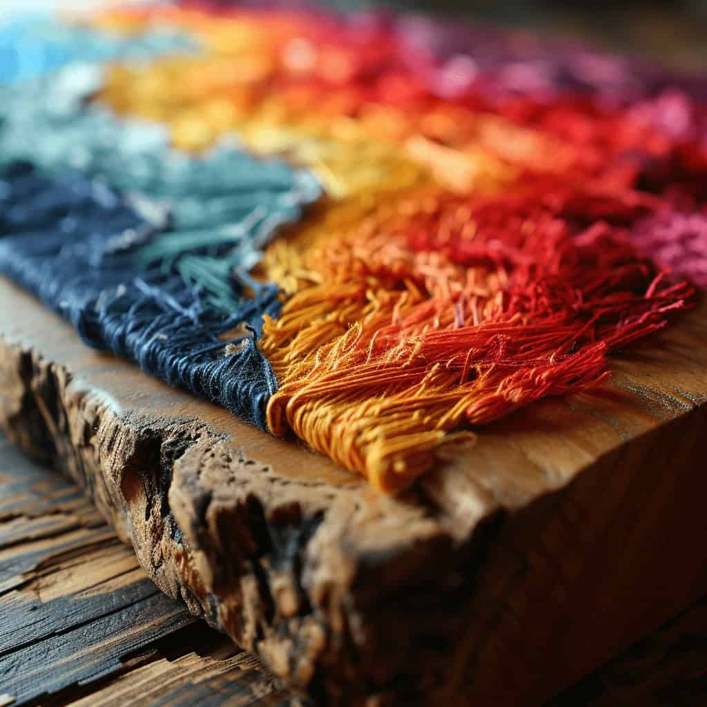 Kolorowa makrama na drewnianym stole, ręcznie wykonane dekoracje, kreatywne rękodzieło, unikalne elementy wystroju wnętrz, artystyczne dodatki inspirowane optymizmem i radością, idealne do wnętrz i prezentów.