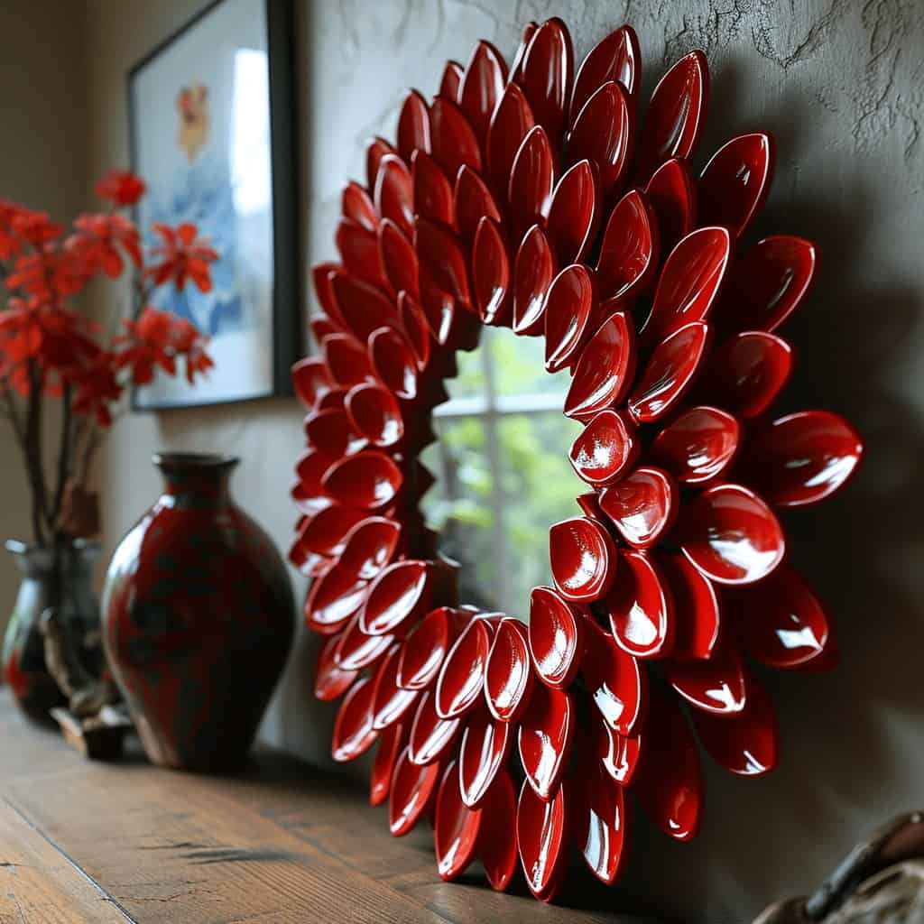 Czerwony dekoracyjny wieniec z połyskujących łopatek, elegancka ozdoba wnętrza, idealna do salonu lub sypialni, dodaje stylu i ciepła pomieszczeniu, inspirowana nowoczesnym designem.