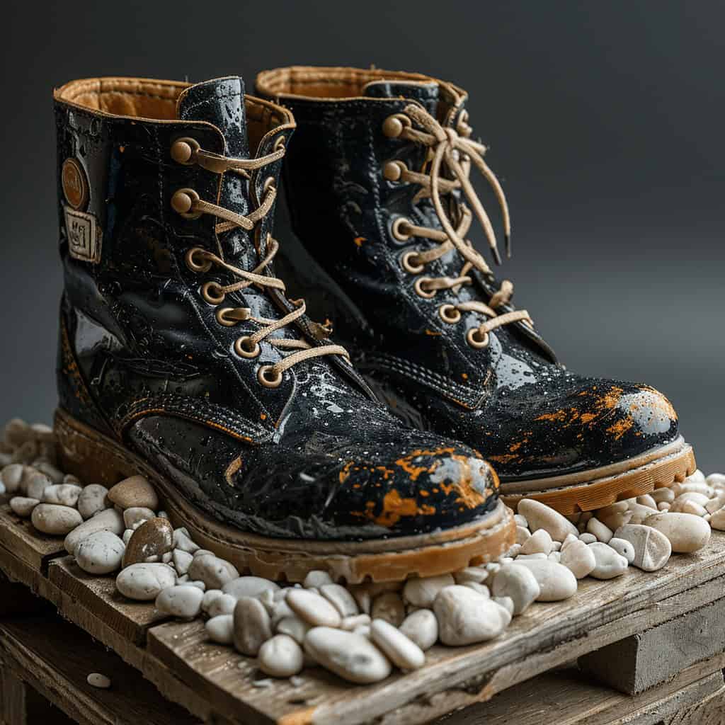 Buty robocze, ochronne, brudne lakierowane buty na kamieniach, wysokiej jakości obuwie ochronne, odblaskowe elementy męskie buty do pracy odblaskowe, solidne buty robocze zimowe, outdoorowe, przemysłowe, do użytku profesjonalnego, bezpieczeństwo pracy, trwałe obuwie na trudne warunki, optymalna ochrona stóp.