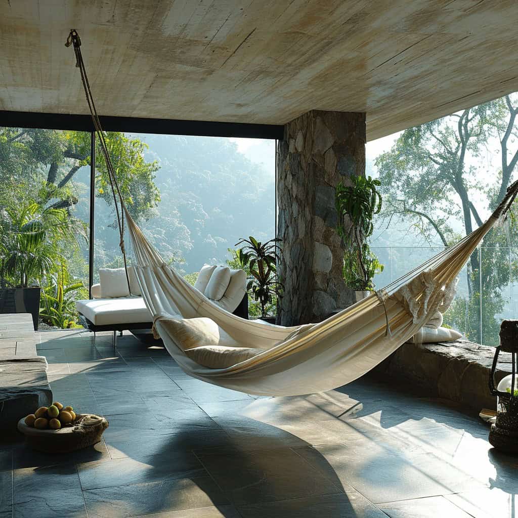 Przytulny hamak wewnątrz nowoczesnego domu otoczonego zielenią, naturalne światło i kamienne elementy, relaks i komfort w harmonii z naturą.