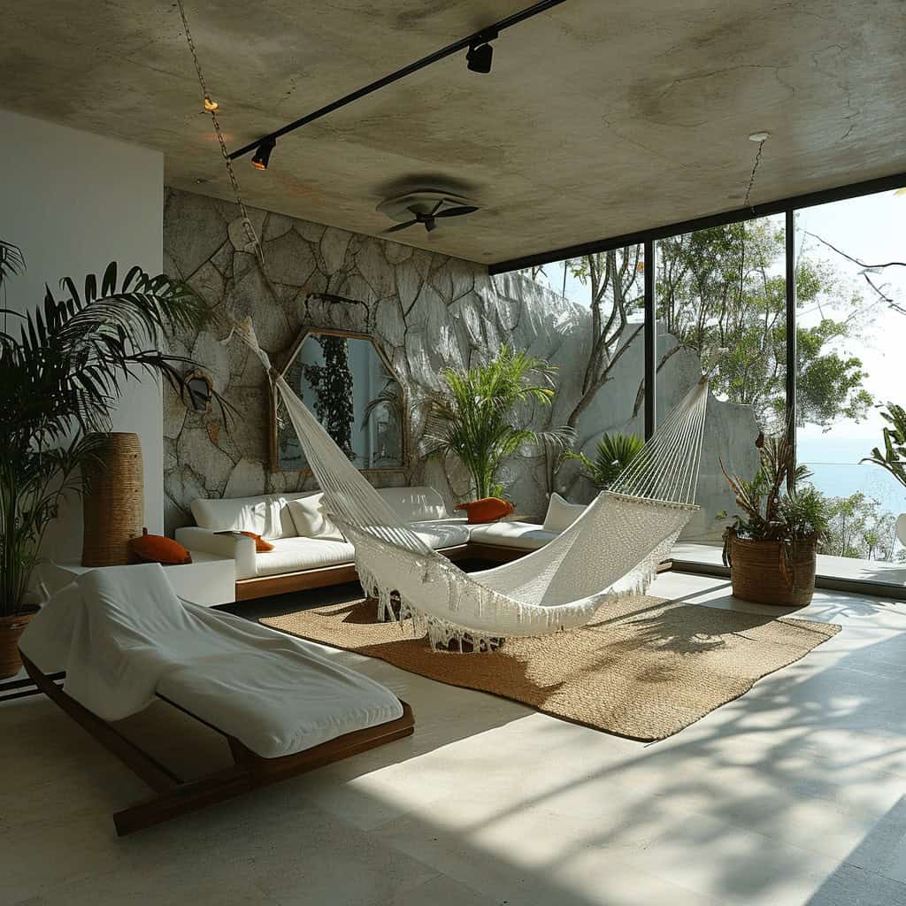 Relaksujący salon z hamakiem, nowoczesne meble i dużymi przeszkleniami, otoczone roślinnością, idealne miejsce do odpoczynku, w harmonii z naturą, concierge obsługa, luksusowe wnętrza, elegancja.