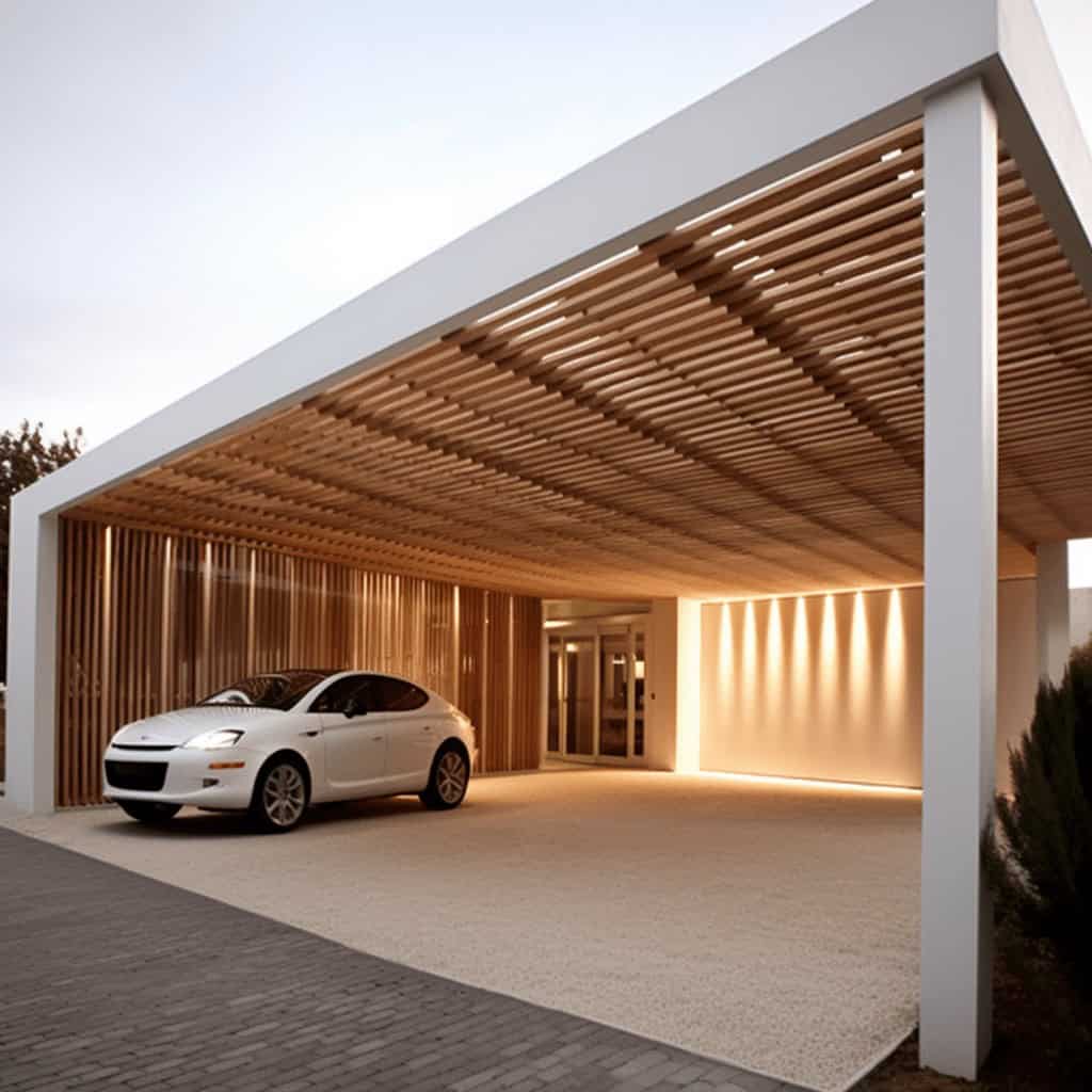 Nowoczesny garaż z drewnianą pergolą i oświetleniem LED, elegancka architektura, idealny do ochrony samochodu przed warunkami atmosferycznymi, stylowe rozwiązanie dla domu.