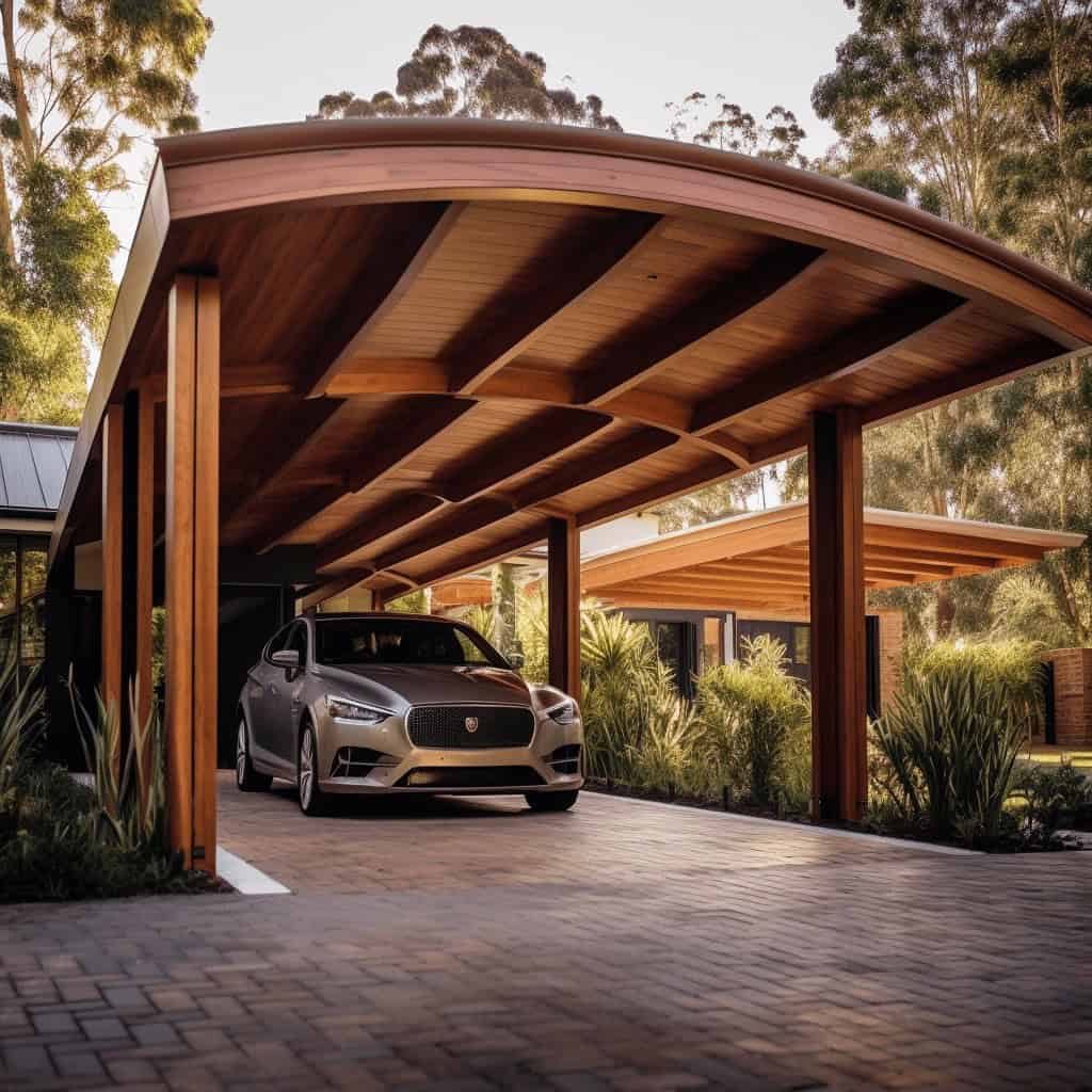 Nowoczesny drewniany zadaszony parking na samochody w ekskluzywnym osiedlu, elegancka architektura, ekologiczne rozwiązania, komfort i bezpieczeństwo, idealne miejsce na auto w prestiżowej okolicy.