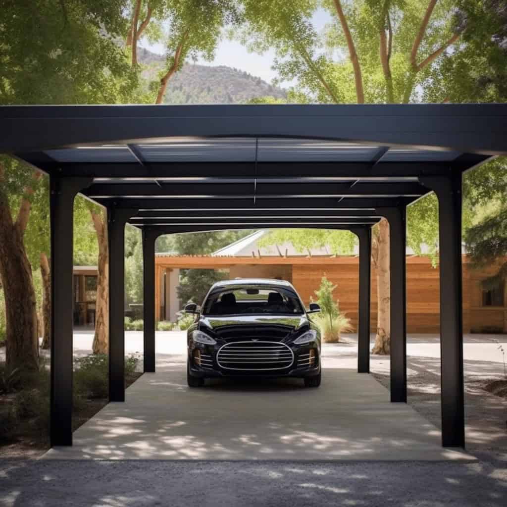 Nowa elegancka wiata na samochody w otoczeniu zielonych drzew i domów, idealna do ochrony pojazdu przed warunkami atmosferycznymi, nowoczesne rozwiązanie do garażu z osłoną na auto.