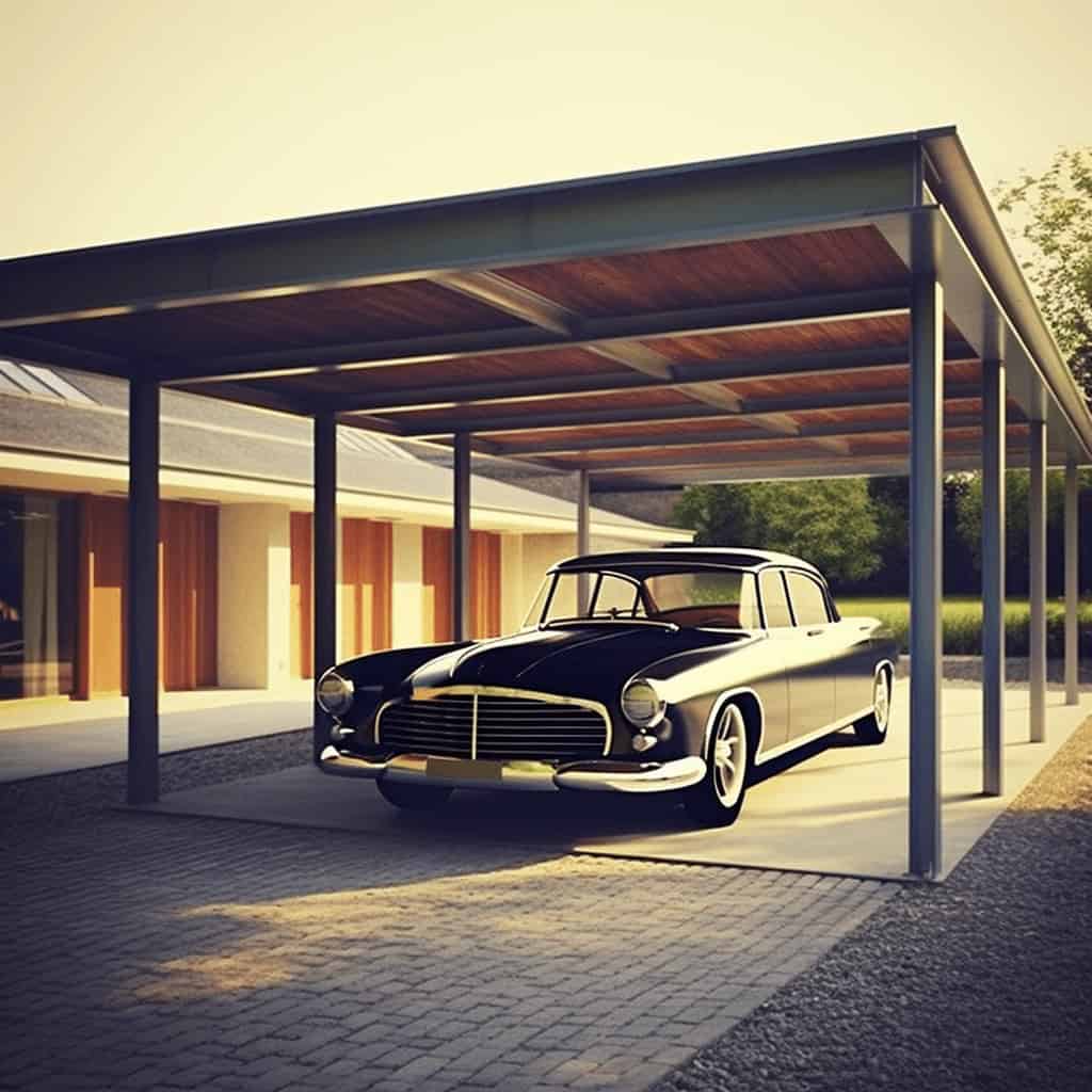 Elegancki czarny klasyczny samochód pod nowoczesnym carportem przy luksusowym domu w spokojnej okolicy, idealny dla miłośników motoryzacji i stylowych rozwiązań architektonicznych.